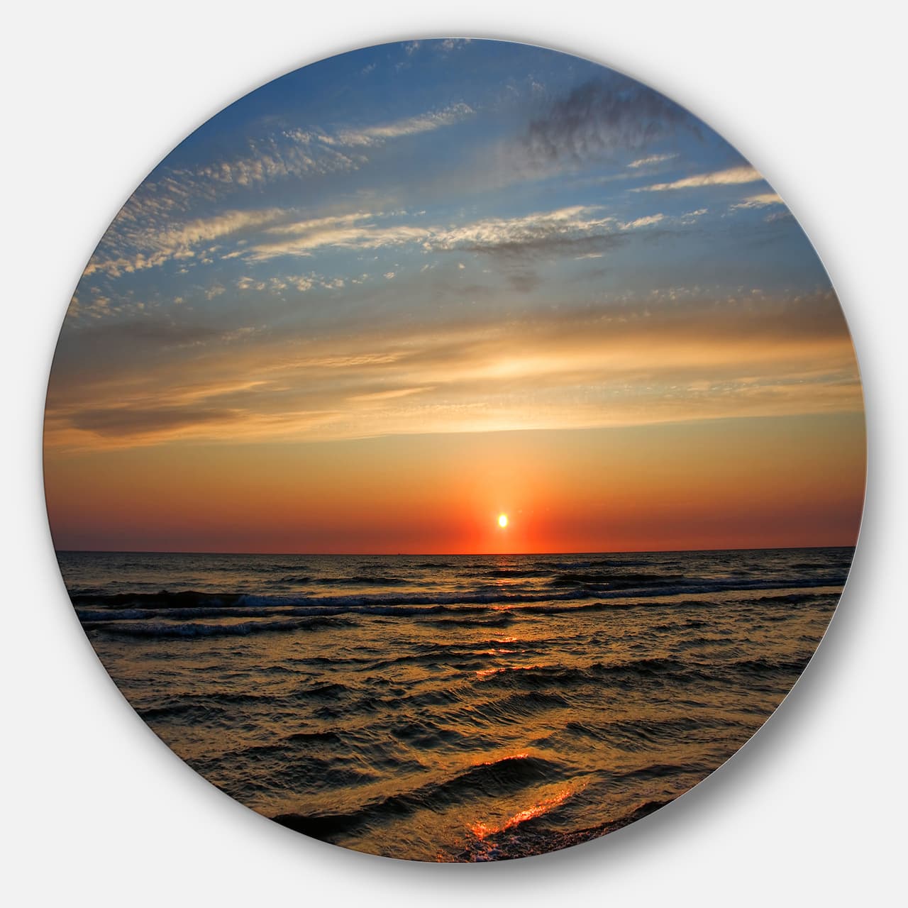 Designart - Red Sunset with Dark Ocean Waves' Seascape Metal Circle Wall Art
